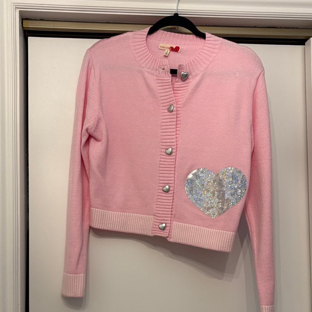 Forever 21 Pink Sequin Heart Cardigan Jacket